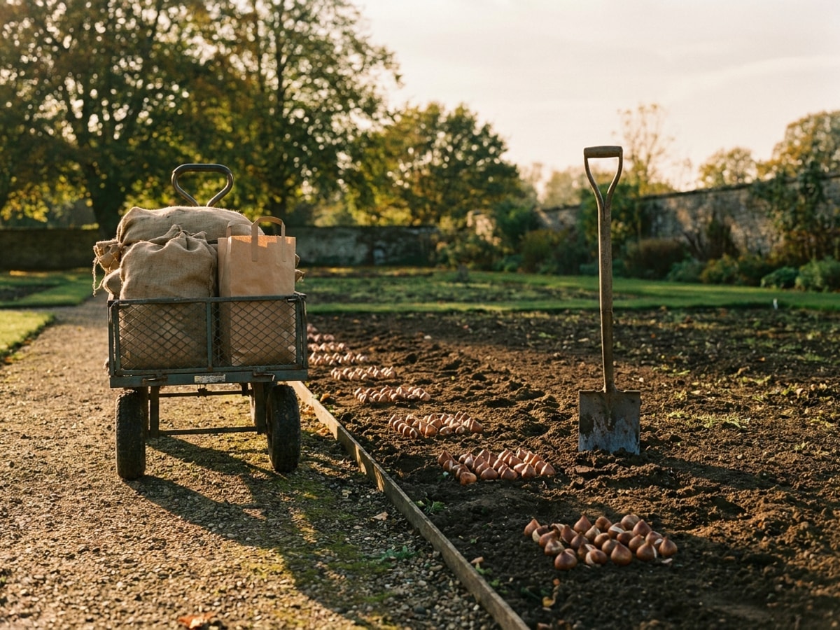 A garden cart loaded with compost and bulb sacks beside a freshly dug border