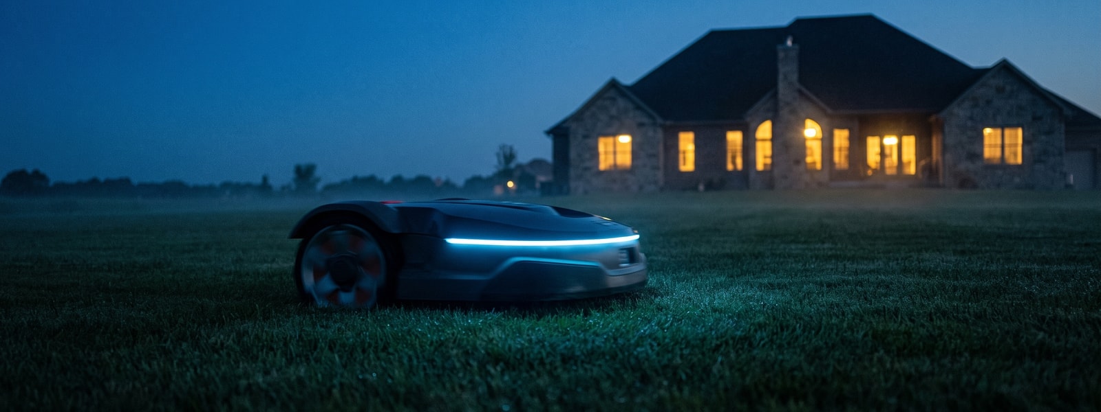 A robot mower crossing a dewy lawn at dusk, house windows lit behind it