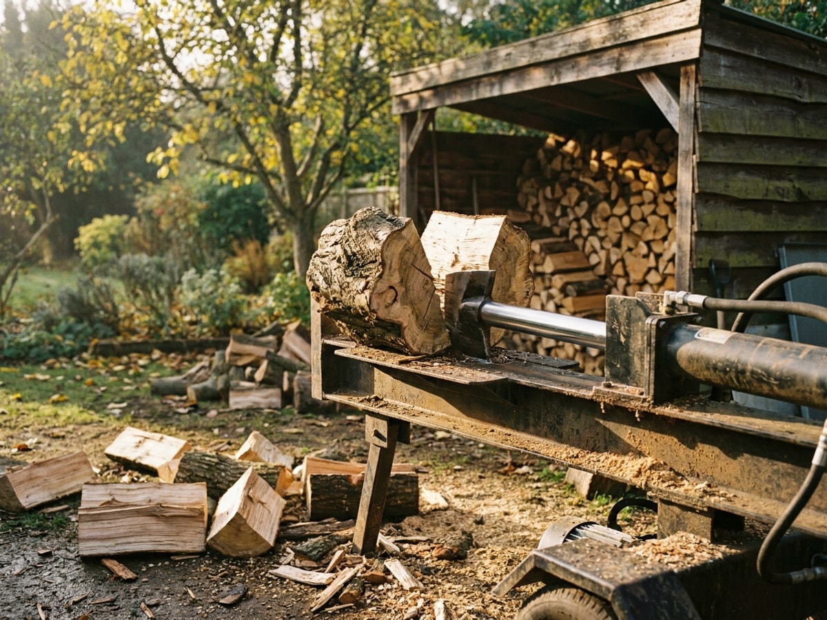 A hydraulic log splitter mid-split with a stacked woodpile under a lean-to behind